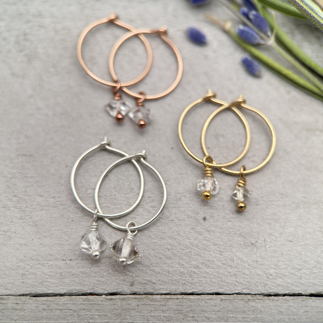 Herkimer Diamond Charm Hoop Earrings Available in Solid 925 Sterling Silver, 14k Yellow or Rose Gold Fill - SunlightSilver