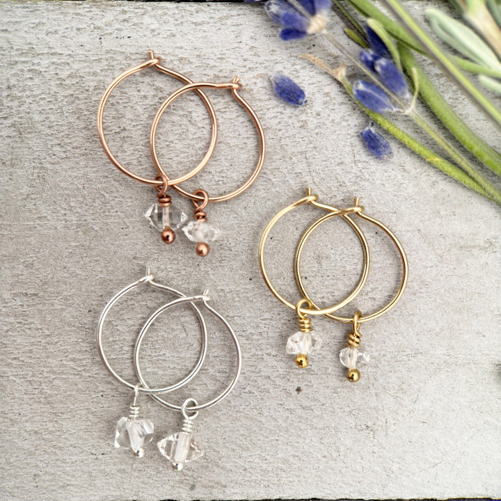 Herkimer Diamond Charm Hoop Earrings Available in Solid 925 Sterling Silver, 14k Yellow or Rose Gold Fill - SunlightSilver