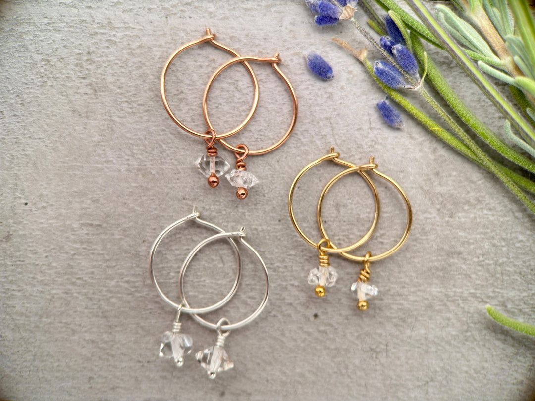 Herkimer Diamond Charm Hoop Earrings Available in Solid 925 Sterling Silver, 14k Yellow or Rose Gold Fill - SunlightSilver