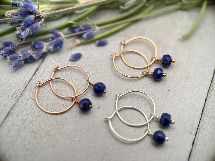 Lapis Charm Hoop Earrings Available in Solid 925 Sterling Silver, 14k Yellow or Rose Gold Fill - SunlightSilver