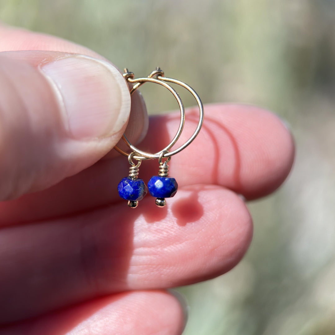 Lapis Charm Hoop Earrings Available in Solid 925 Sterling Silver, 14k Yellow or Rose Gold Fill - SunlightSilver