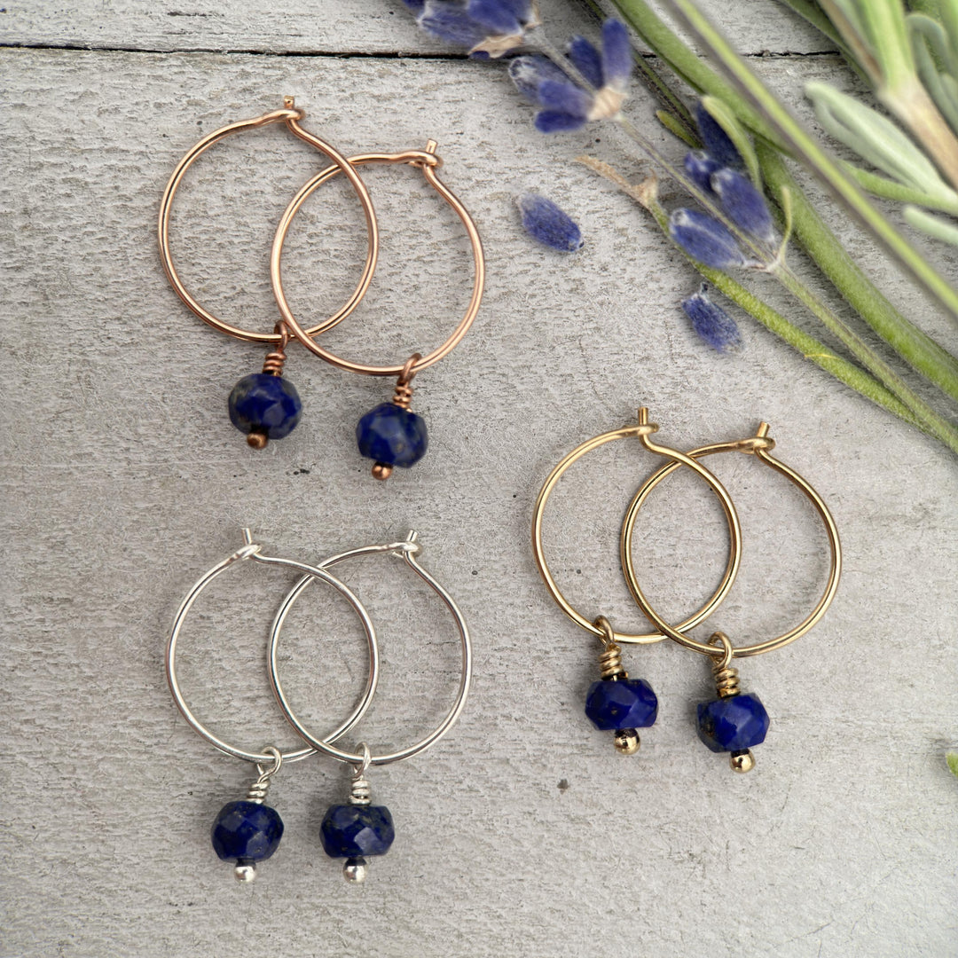 Lapis Charm Hoop Earrings Available in Solid 925 Sterling Silver, 14k Yellow or Rose Gold Fill - SunlightSilver