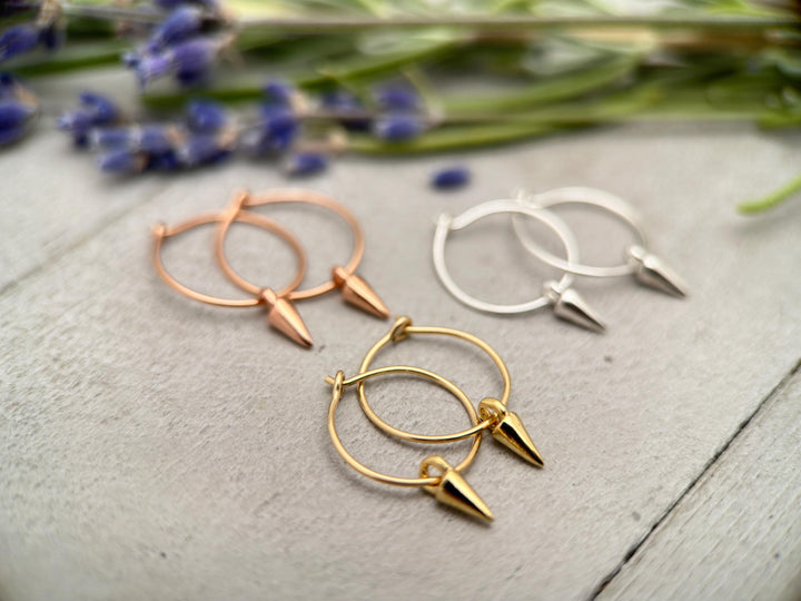 Spike Charm Hoop Earrings Available in Solid 925 Sterling Silver, 14k Yellow or Rose Gold Fill - SunlightSilver