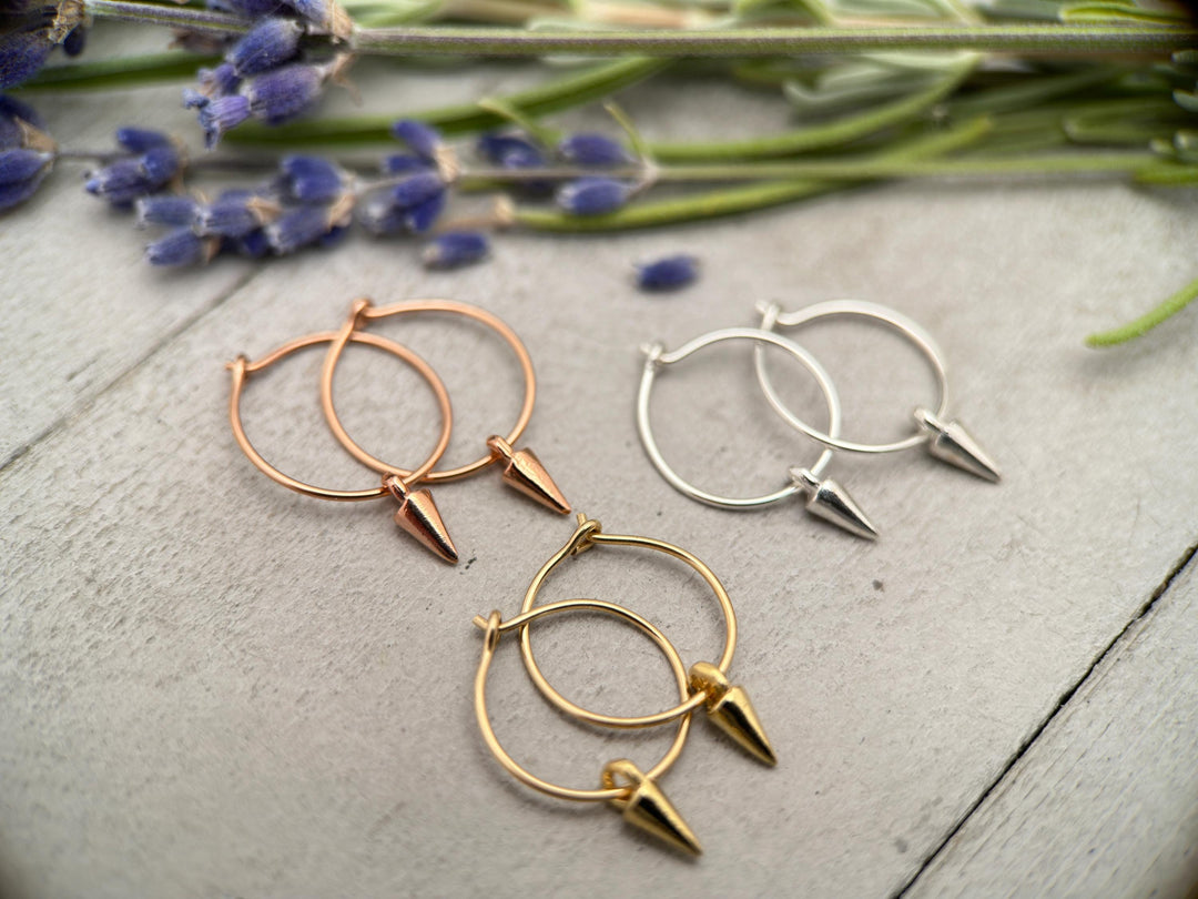 Spike Charm Hoop Earrings Available in Solid 925 Sterling Silver, 14k Yellow or Rose Gold Fill - SunlightSilver