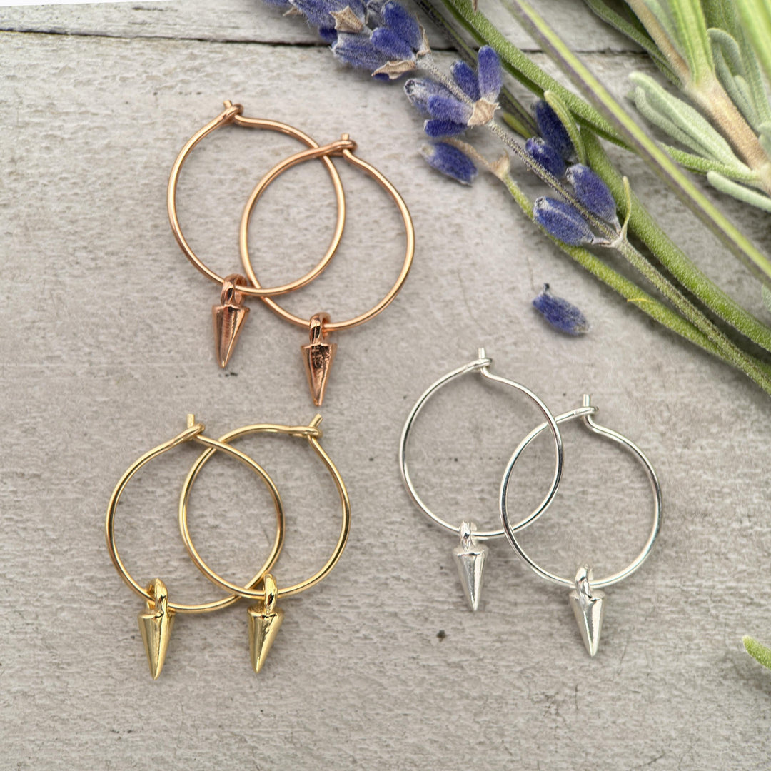 Spike Charm Hoop Earrings Available in Solid 925 Sterling Silver, 14k Yellow or Rose Gold Fill - SunlightSilver