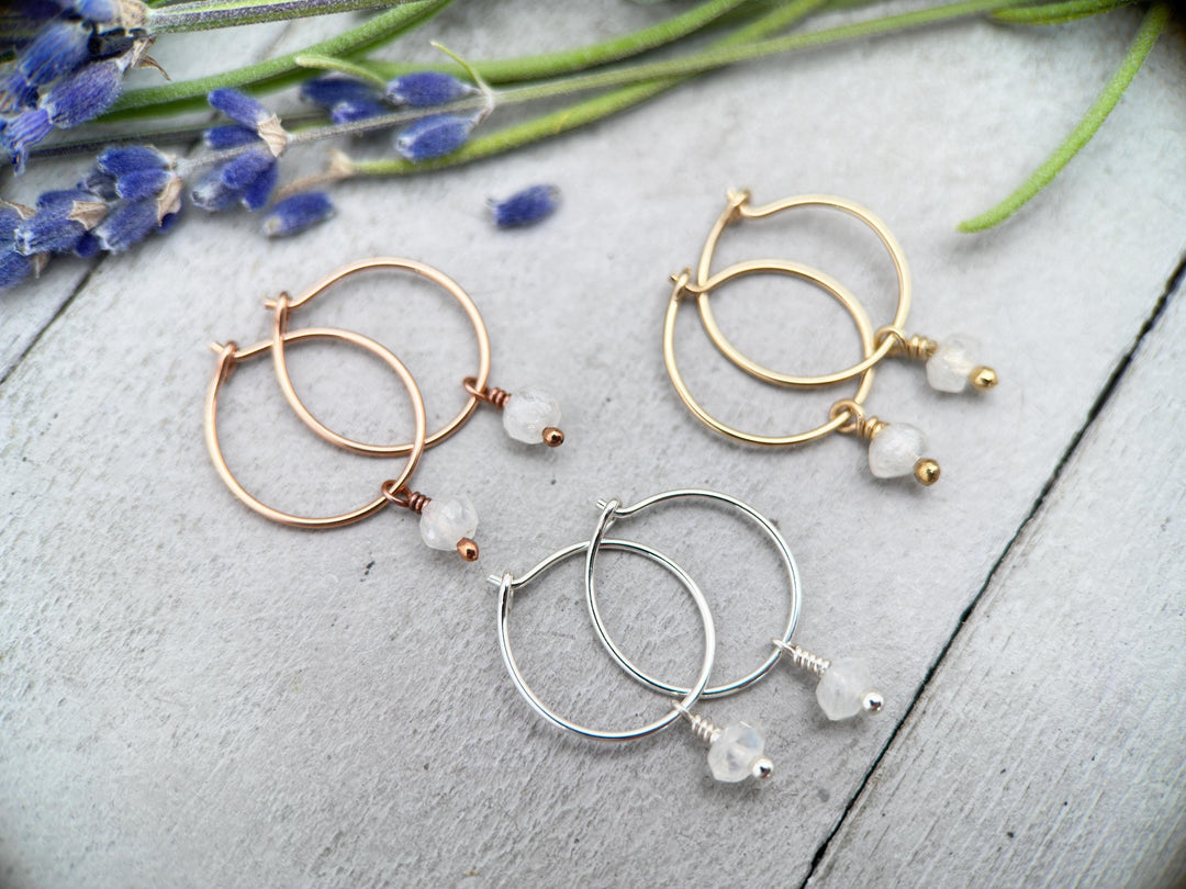 Moonstone Charm Hoop Earrings Available in Solid 925 Sterling Silver, 14k Yellow or Rose Gold Fill - SunlightSilver