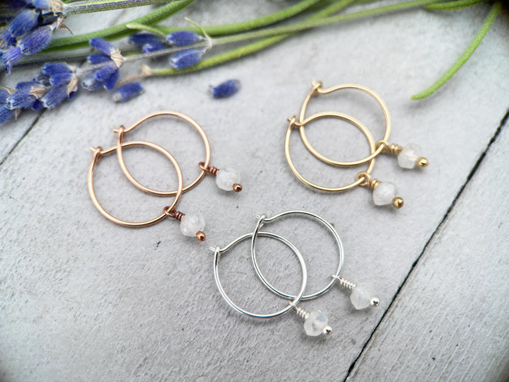 Moonstone Charm Hoop Earrings Available in Solid 925 Sterling Silver, 14k Yellow or Rose Gold Fill - SunlightSilver