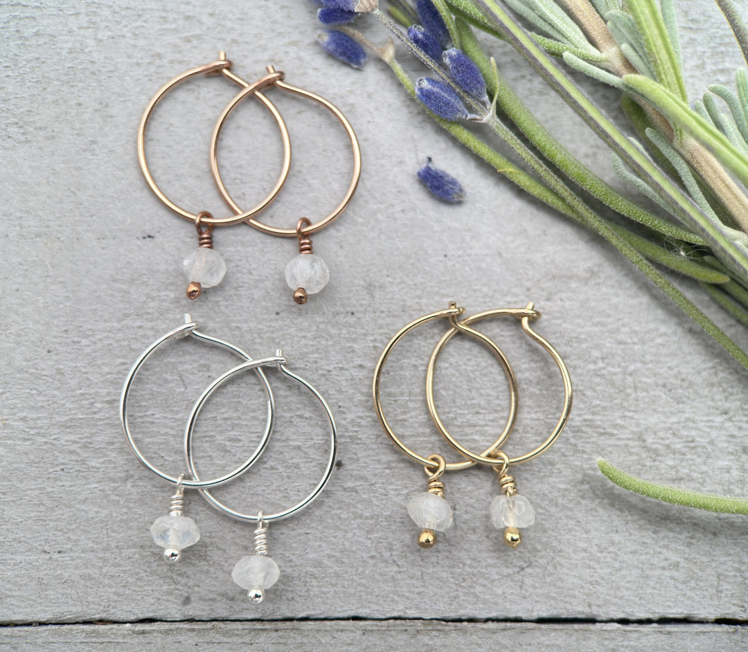 Moonstone Charm Hoop Earrings Available in Solid 925 Sterling Silver, 14k Yellow or Rose Gold Fill - SunlightSilver