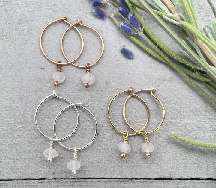 Moonstone Charm Hoop Earrings Available in Solid 925 Sterling Silver, 14k Yellow or Rose Gold Fill - SunlightSilver