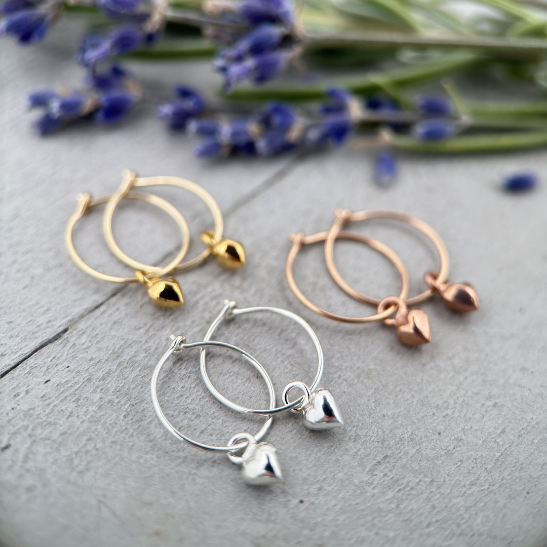 Heart Charm Hoop Earrings Available in Solid 925 Sterling Silver, 14k Yellow or Rose Gold Fill - SunlightSilver