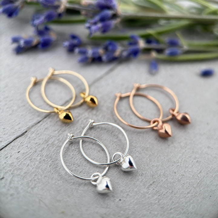 Heart Charm Hoop Earrings Available in Solid 925 Sterling Silver, 14k Yellow or Rose Gold Fill - SunlightSilver