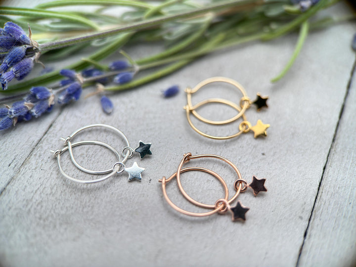 Star Charm Hoop Earrings Available in Solid 925 Sterling Silver, 14k Yellow or Rose Gold Fill - SunlightSilver