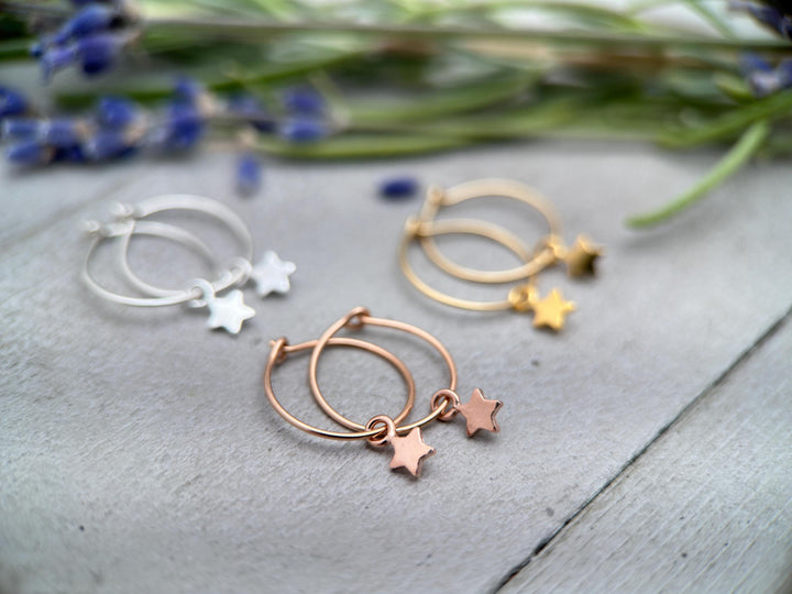 Star Charm Hoop Earrings Available in Solid 925 Sterling Silver, 14k Yellow or Rose Gold Fill - SunlightSilver