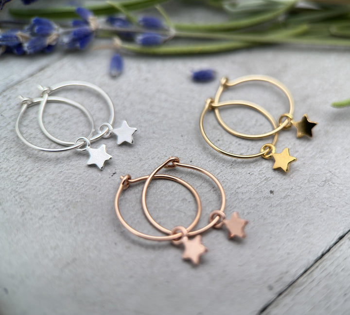 Star Charm Hoop Earrings Available in Solid 925 Sterling Silver, 14k Yellow or Rose Gold Fill - SunlightSilver