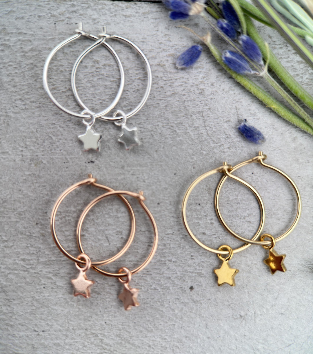 Star Charm Hoop Earrings Available in Solid 925 Sterling Silver, 14k Yellow or Rose Gold Fill - SunlightSilver