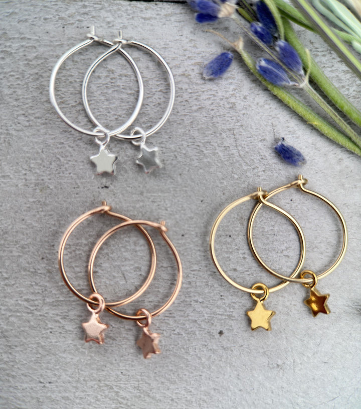 Star Charm Hoop Earrings Available in Solid 925 Sterling Silver, 14k Yellow or Rose Gold Fill - SunlightSilver