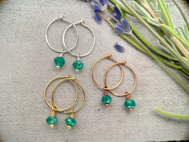 Green Onyx Charm Hoop Earrings. Available in Solid 925 Sterling Silver, 14k Yellow or Rose Gold Fill - SunlightSilver