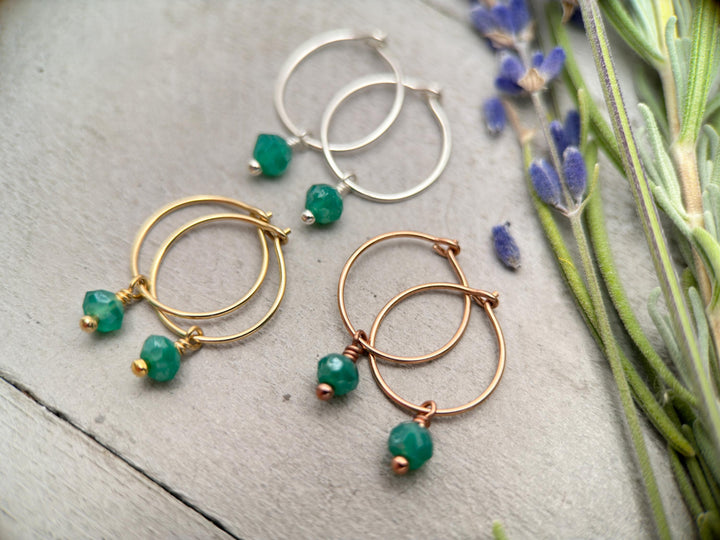 Green Onyx Charm Hoop Earrings. Available in Solid 925 Sterling Silver, 14k Yellow or Rose Gold Fill - SunlightSilver