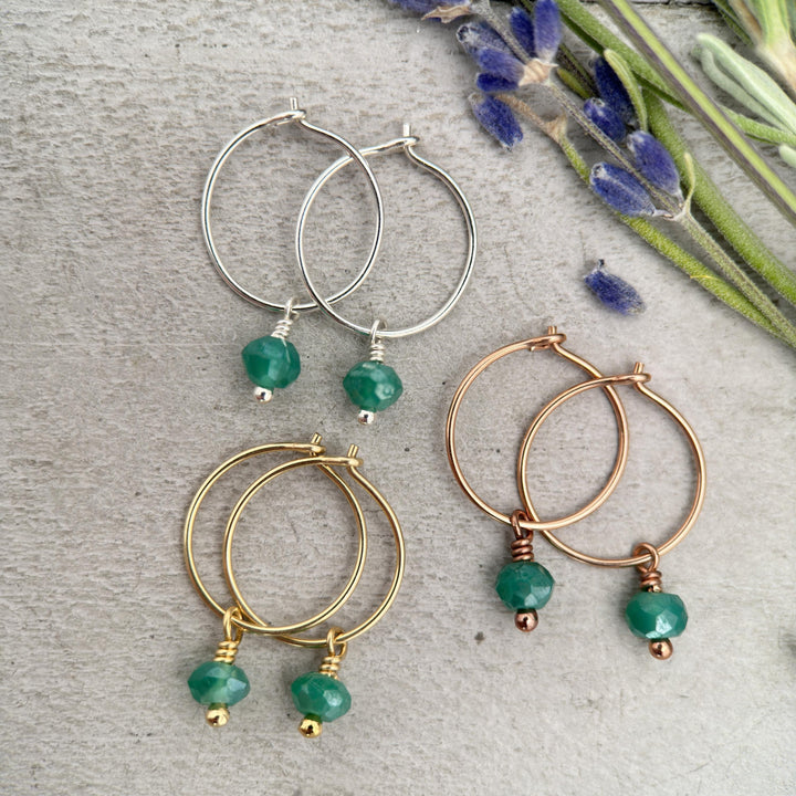 Green Onyx Charm Hoop Earrings. Available in Solid 925 Sterling Silver, 14k Yellow or Rose Gold Fill - SunlightSilver