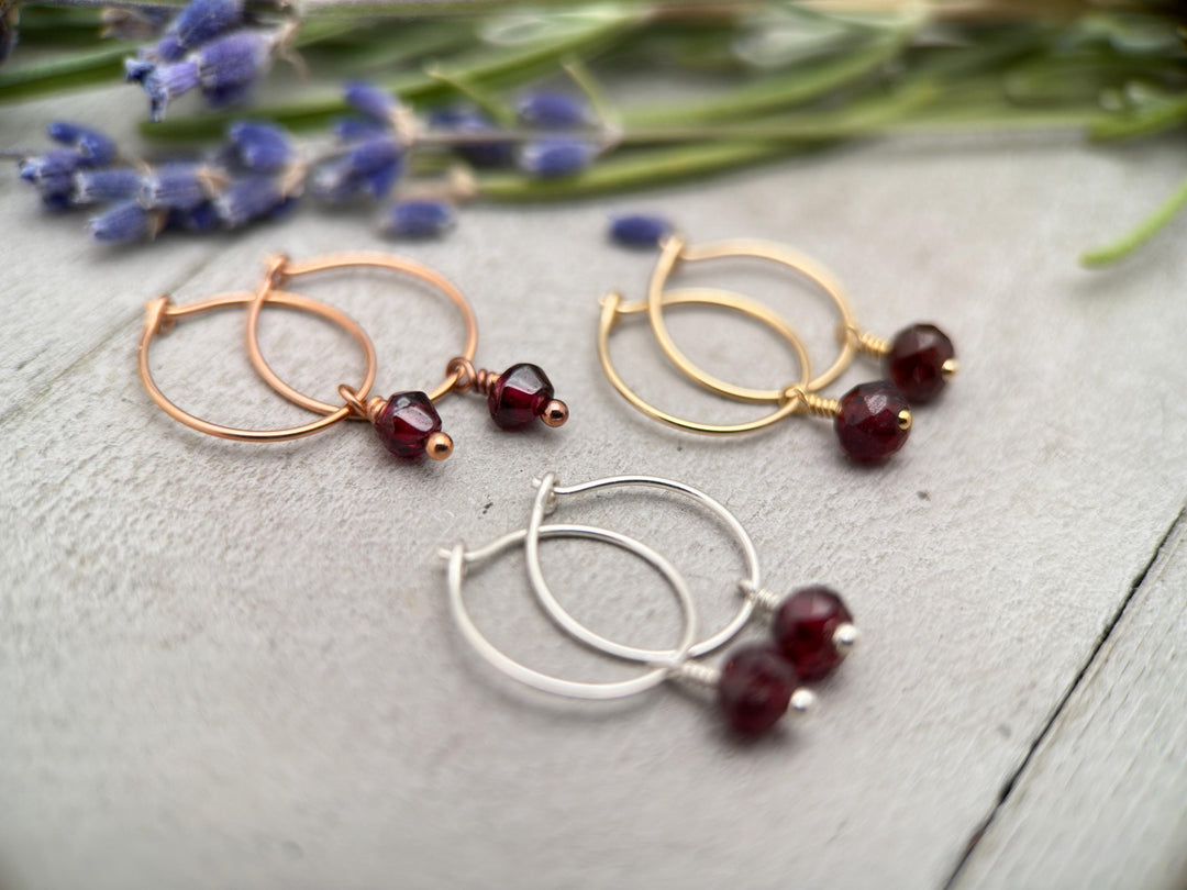 Garnet Charm Hoop Earrings. Available in Solid 925 Sterling Silver, 14k Yellow or Rose Gold Fill - SunlightSilver