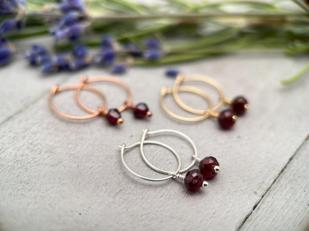 Garnet Charm Hoop Earrings. Available in Solid 925 Sterling Silver, 14k Yellow or Rose Gold Fill - SunlightSilver