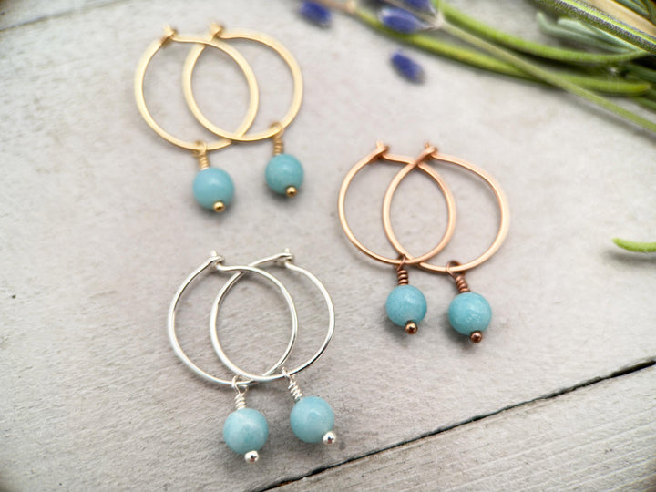 Blue Amazonite Charm Hoop Earrings. Available in Solid 925 Sterling Silver, 14k Yellow or Rose Gold Fill - SunlightSilver