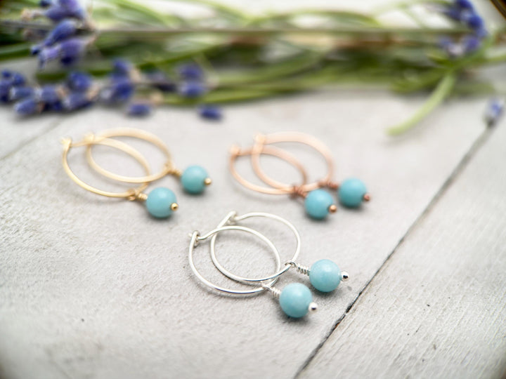 Blue Amazonite Charm Hoop Earrings. Available in Solid 925 Sterling Silver, 14k Yellow or Rose Gold Fill - SunlightSilver