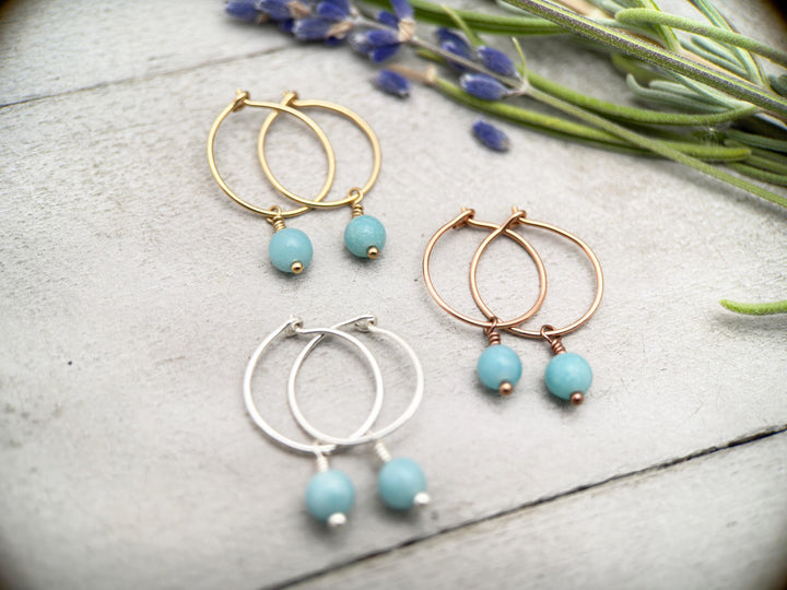 Blue Amazonite Charm Hoop Earrings. Available in Solid 925 Sterling Silver, 14k Yellow or Rose Gold Fill - SunlightSilver