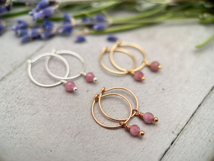 Pink Tourmaline Charm Hoop Earrings. Available in Solid 925 Sterling Silver, 14k Yellow or Rose Gold Fill - SunlightSilver