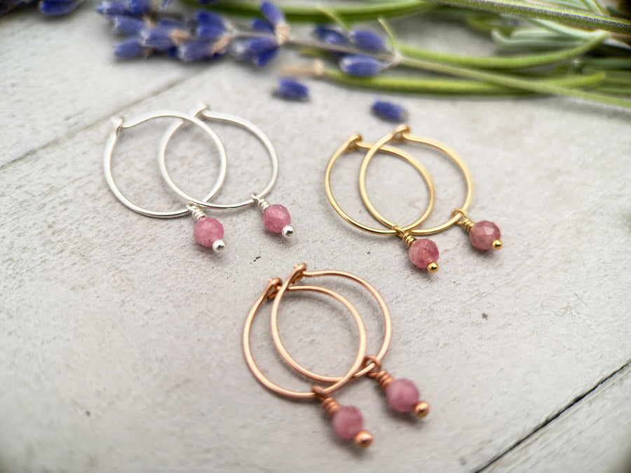 Pink Tourmaline Charm Hoop Earrings. Available in Solid 925 Sterling Silver, 14k Yellow or Rose Gold Fill - SunlightSilver