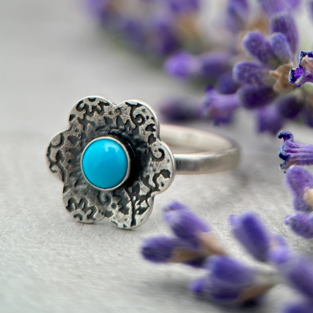 Blue Ridge Turquoise Flower Ring • Orvil Jack Nevada Mine Turquoise • Sterling Silver • Floral Southwestern Boho Jewelry Handmade in USA - SunlightSilver