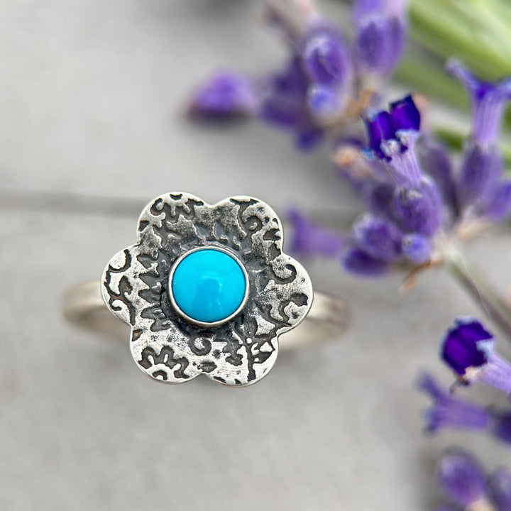Blue Ridge Turquoise Flower Ring • Orvil Jack Nevada Mine Turquoise • Sterling Silver • Floral Southwestern Boho Jewelry Handmade in USA - SunlightSilver