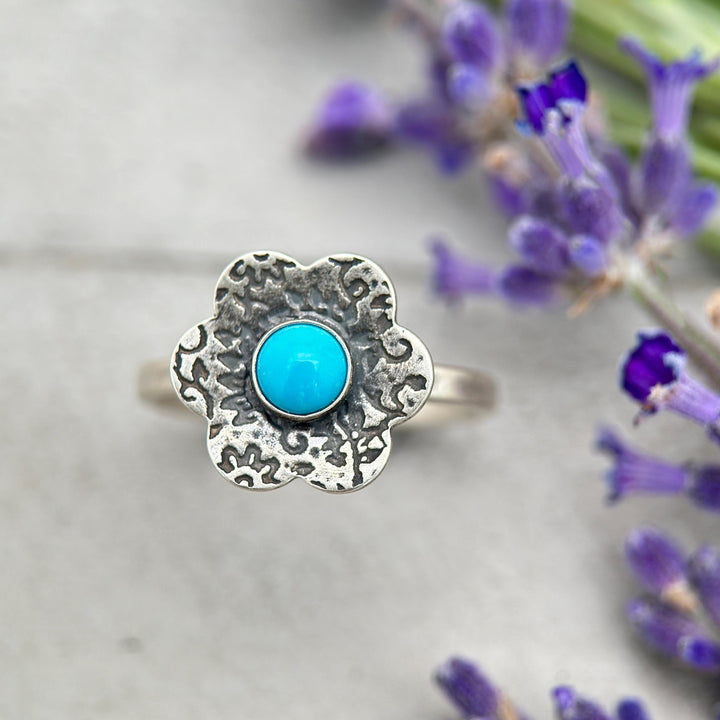 Blue Ridge Turquoise Flower Ring • Orvil Jack Nevada Mine Turquoise • Sterling Silver • Floral Southwestern Boho Jewelry Handmade in USA - SunlightSilver