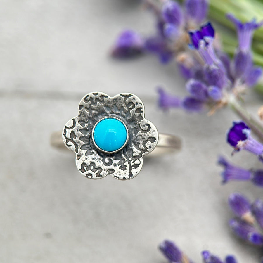 Blue Ridge Turquoise Flower Ring • Orvil Jack Nevada Mine Turquoise • Sterling Silver • Floral Southwestern Boho Jewelry Handmade in USA - SunlightSilver