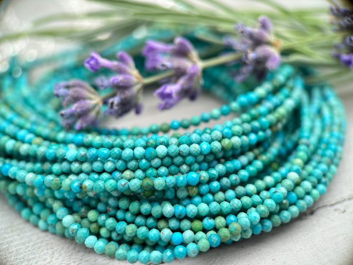 Turquoise Beaded Necklace – 2mm Faceted Blue-Green Gemstones with Sterling Silver – Handmade in the USA - SunlightSilver