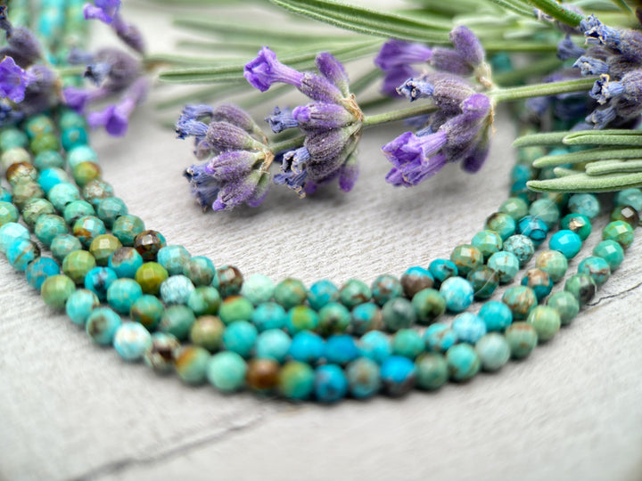 Faceted Multicolor Turquoise and Sterling Silver Beaded Necklace. 3mm beads - SunlightSilver