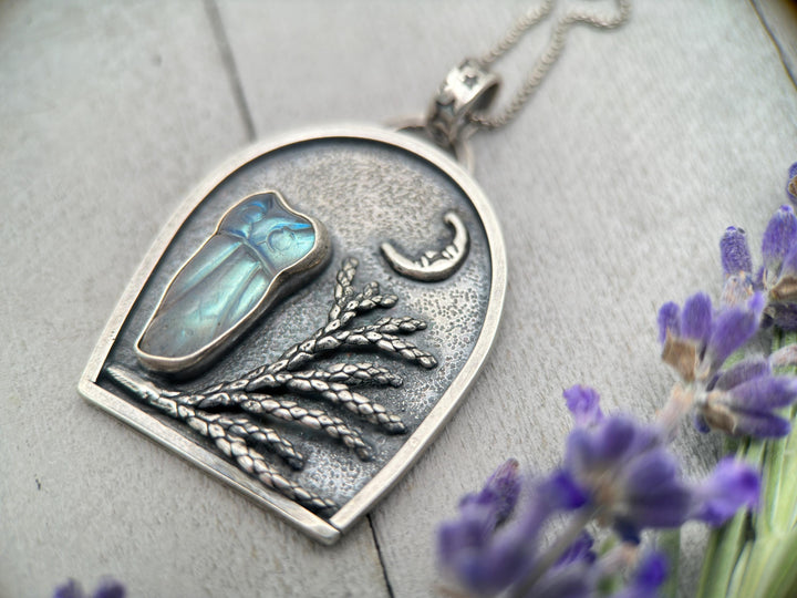 Labradorite Carved Owl, Tree, Moon Shadowbox Sterling Silver Pendant - SunlightSilver