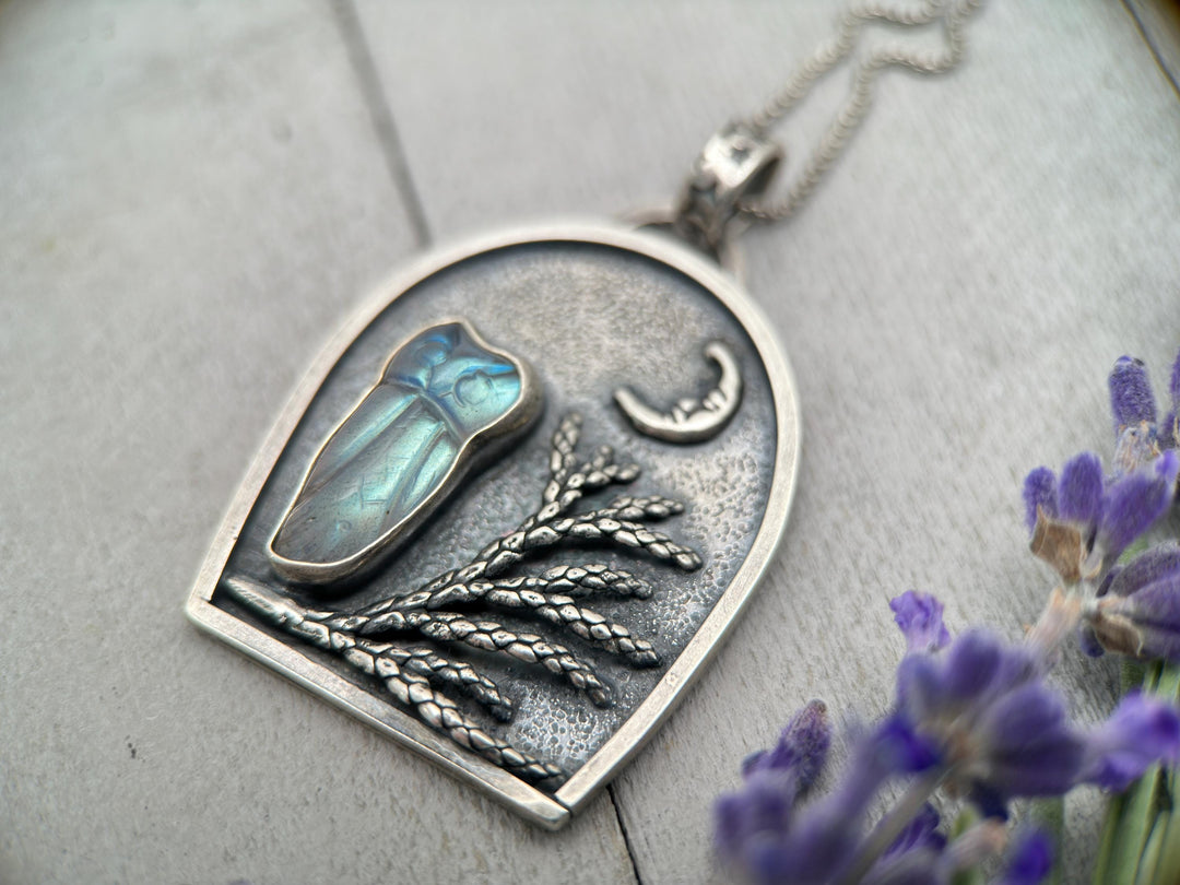 Labradorite Carved Owl, Tree, Moon Shadowbox Sterling Silver Pendant - SunlightSilver