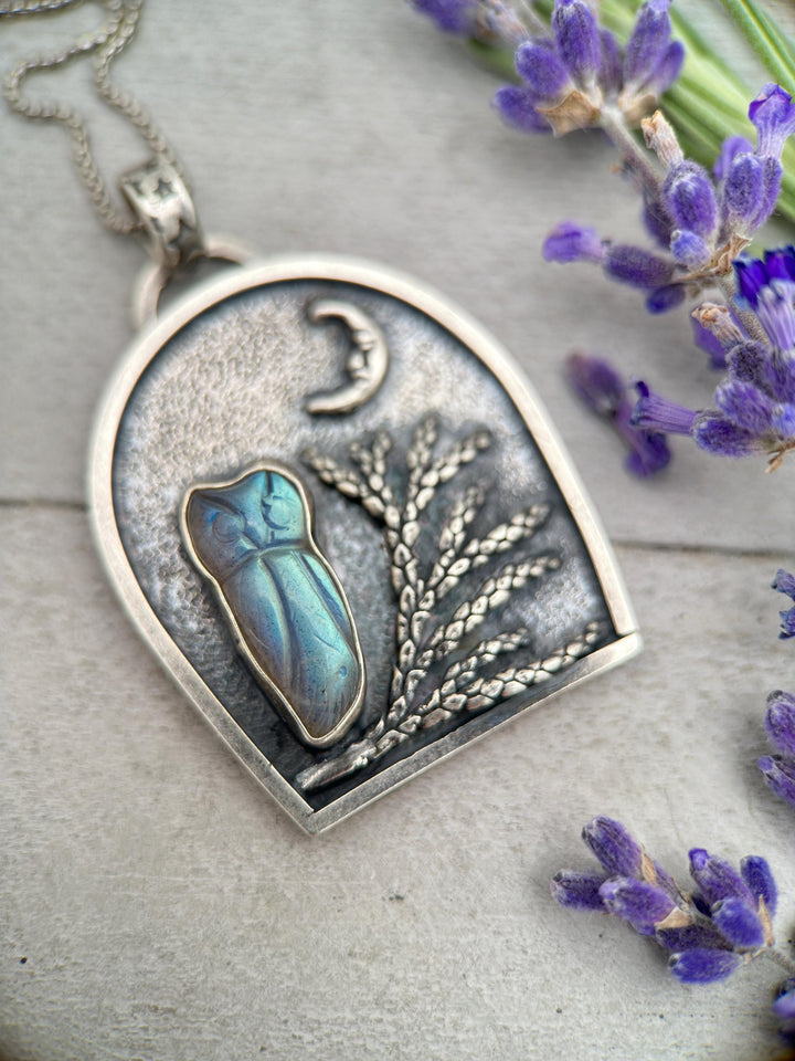 Labradorite Carved Owl, Tree, Moon Shadowbox Sterling Silver Pendant - SunlightSilver