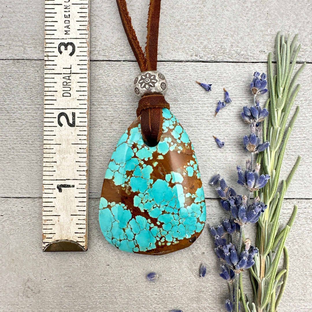 Nevada Number 8 Mine Turquoise Adjustable Leather Statement Necklace. Huge, Large, Big Turquoise - SunlightSilver