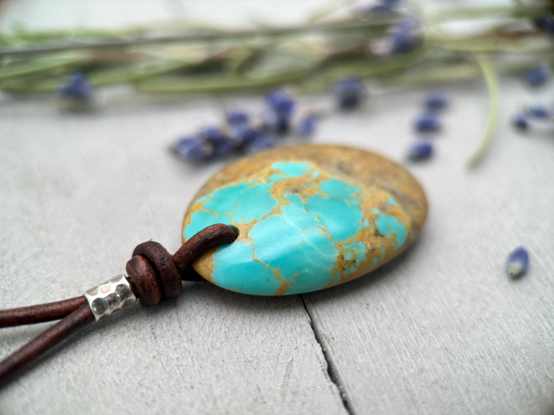 Kingman Turquoise Rustic Brown Leather Necklace - SunlightSilver