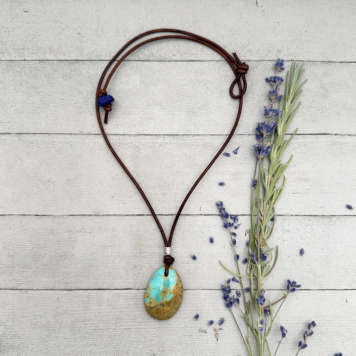 Kingman Turquoise Rustic Brown Leather Necklace - SunlightSilver