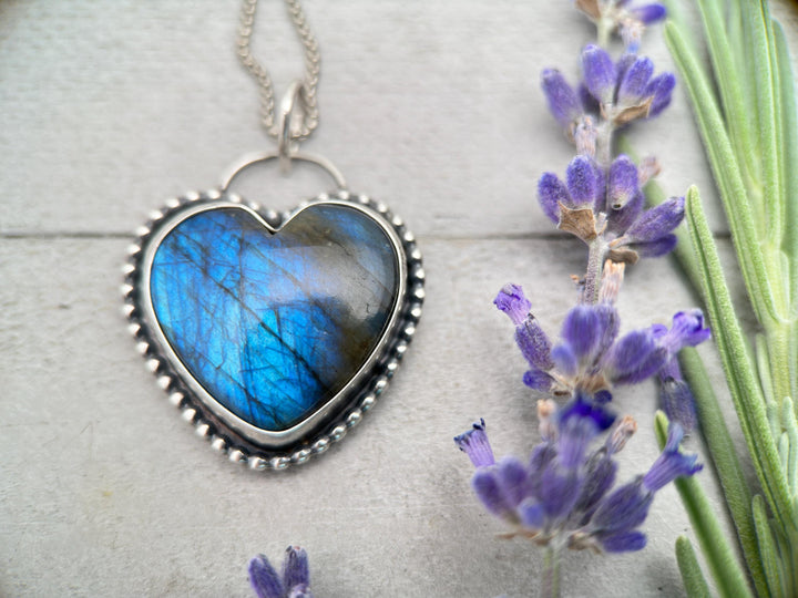 Flashy Blue Labradorite Heart and Sterling Silver Pendant - SunlightSilver