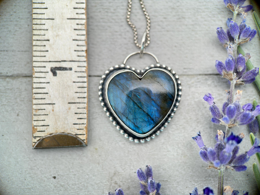 Flashy Blue Labradorite Heart and Sterling Silver Pendant - SunlightSilver