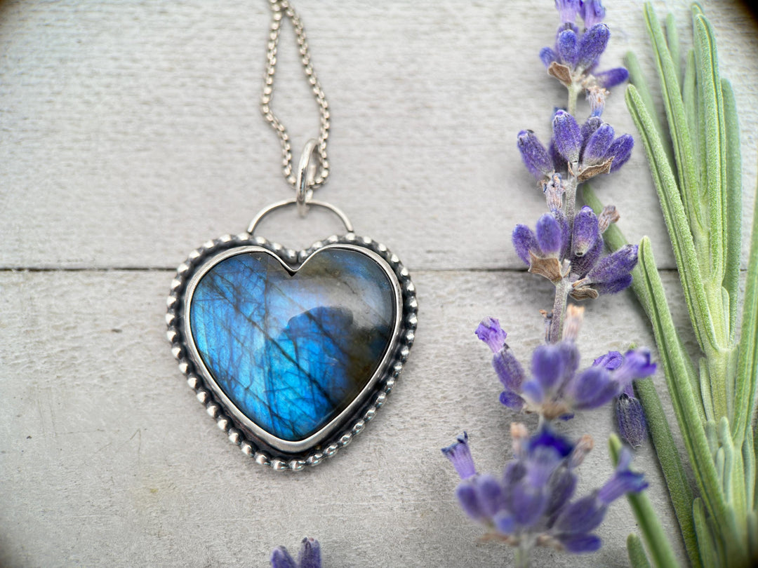 Flashy Blue Labradorite Heart and Sterling Silver Pendant - SunlightSilver