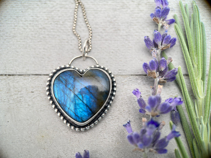 Flashy Blue Labradorite Heart and Sterling Silver Pendant - SunlightSilver