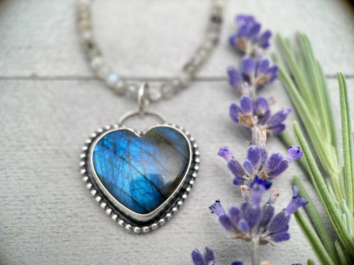 Flashy Blue Labradorite Heart and Sterling Silver Pendant - SunlightSilver