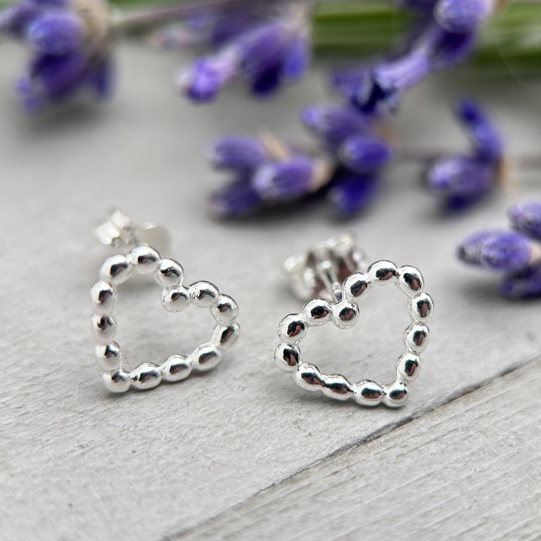 Beaded Heart Stud Earrings in Solid 925 Sterling Silver. Love Symbol Post Earrings - SunlightSilver