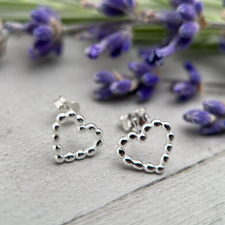 Beaded Heart Stud Earrings in Solid 925 Sterling Silver. Love Symbol Post Earrings - SunlightSilver