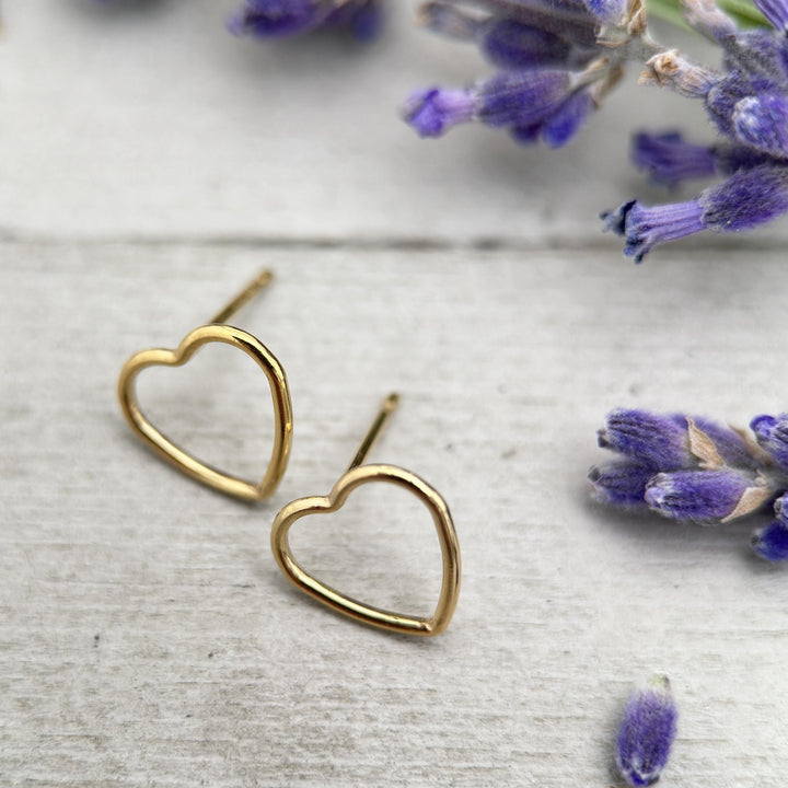 Heart Stud Earrings in 14k Yellow Gold Fill. Love Symbol Post Earrings - SunlightSilver